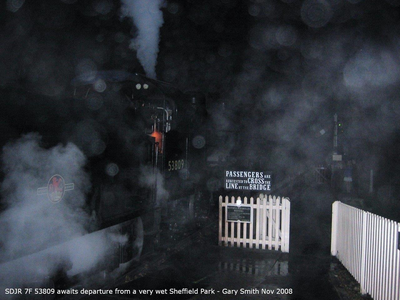 S&DJR 7F 53809 at Sheffield Park station on a very wet 2008 evening