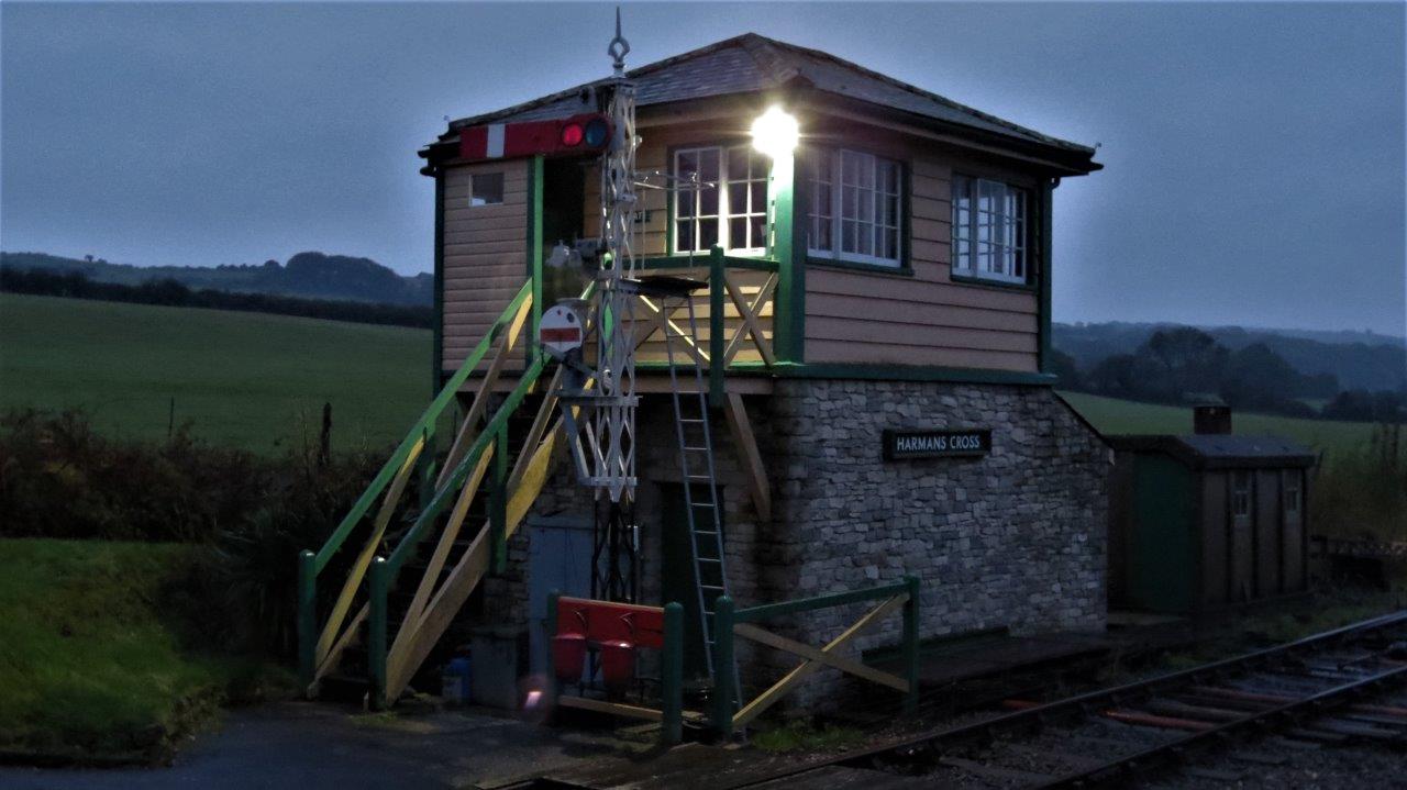Harmans Cross Signal Box at night in 2020
